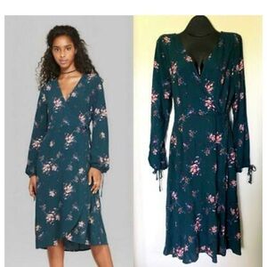 Wild Fable Floral Wrap Midi Dress - Teal and Pink